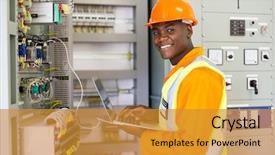  Presentation with electrical transformer - Cool new presentation theme with african electrical worker using laptop backdrop and a gold colored foreground