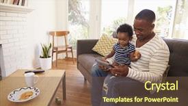  Presentation with using digital tablet - Audience pleasing slides consisting of african family - father and son sitting backdrop and a tawny brown colored foreground