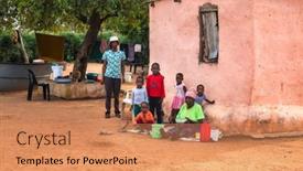  Presentation with village - Slide deck consisting of african-family-in-the-village background and a  colored foreground