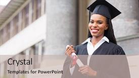 Presentation with certificate - Slides having african female student with graduation background and a soft green colored foreground