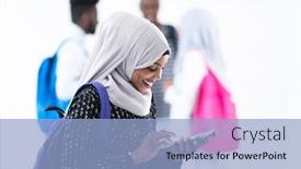  Presentation with islamic - Slide set featuring african female student with group of friends in background wearing traditional islamic hijab clothes background and a light blue colored foreground