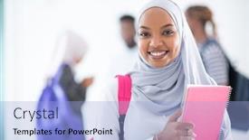  Presentation with hijab - Slide set enhanced with african female student with group of friends in background wearing traditional islamic hijab clothes background and a light blue colored foreground