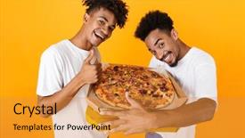  Presentation with friends - Amazing PPT theme having african friends in t-shirts backdrop and a gold colored foreground