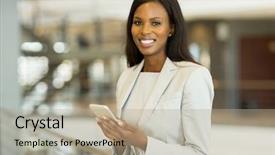  Presentation with retail smart phone - Presentation design featuring african girl - cheerful black businesswoman with smart background and a coral colored foreground