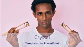  Presentation with chopsticks - Presentation design with african-handsome-man-eating-sushi background and a sky blue colored foreground