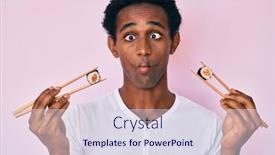  Presentation with chopsticks - Beautiful presentation design featuring african-handsome-man-eating-sushi backdrop and a sky blue colored foreground