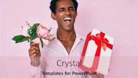  Presentation with anniversary - PPT theme having african-handsome-man-holding-anniversary background and a coral colored foreground