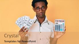  Presentation with crying - Beautiful presentation theme featuring african-handsome-man-holding-dollars backdrop and a yellow colored foreground