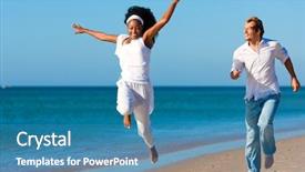  Presentation with black woman - Amazing slide deck having happy couple - black woman and caucasian man - walking and running down a beach in their vacation backdrop and a teal colored foreground