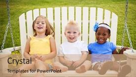  Presentation with swing - Slide set enhanced with three cute little kids sitting together on a porch swing background and a coral colored foreground