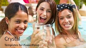  Presentation with women in labor - Colorful PPT theme enhanced with three women having party in swimming pool drinking champagne backdrop and a coral colored foreground
