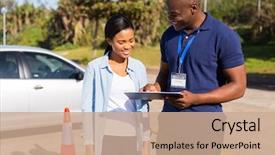 Presentation with driving - Amazing theme having african learner driver with instructor backdrop and a coral colored foreground