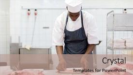  Presentation with butcher - PPT theme enhanced with african male butcher packing meat background and a coral colored foreground