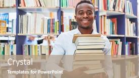  Presentation with stack books - Presentation design with african-man-as-a-student background and a coral colored foreground