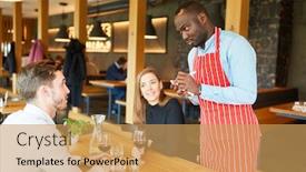  Presentation with restaurant waiter - Cool new slide set with african man as a waiter takes the guests order in the restaurant backdrop and a yellow colored foreground
