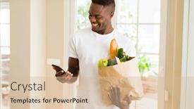  Presentation with online app - Amazing PPT layouts having african man holding a paper bag full of groceries and using smarpthone buying online using app smiling backdrop and a lemonade colored foreground