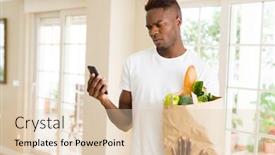  Presentation with online app - Presentation consisting of african man holding a paper bag full of groceries and using smarpthone buying online using app background and a lemonade colored foreground