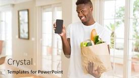 Presentation with online app - Slide deck with african man holding a paper bag full of groceries and using smarpthone buying online using app smiling background and a lemonade colored foreground