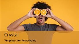  Presentation with eyes - PPT layouts with african man holding sliced orange background and a gold colored foreground