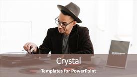  Presentation with record player - Audience pleasing presentation design consisting of african man in hat suit and eyeglasses sitting by the table and using record-player backdrop and a violet colored foreground