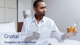  Presentation with man holding phone - PPT theme featuring african man in shirt drinking beer in hotel room and holding phone background and a sky blue colored foreground