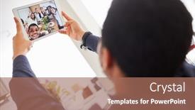  Presentation with dining table - PPT theme featuring african-man-making-selfie background and a coral colored foreground