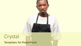  Presentation with overworked - Audience pleasing theme consisting of african man shop owner wearing apron with sleepy expression being overworked and tired backdrop and a cream colored foreground