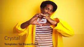  Presentation with romantic love - Beautiful PPT layouts featuring african man with afro hair wearing rain coat with hood standing over isolated yellow background smiling in love showing heart symbol and shape with hands romantic concept backdrop and a gold colored foreground