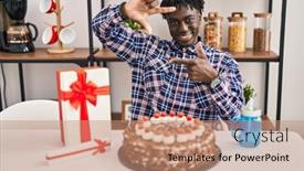  Presentation with happy birthday cake - PPT theme having african-man-with-dreadlocks-celebrating background and a coral colored foreground