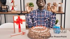  Presentation with birthday cake - Presentation theme featuring african-man-with-dreadlocks-celebrating background and a coral colored foreground