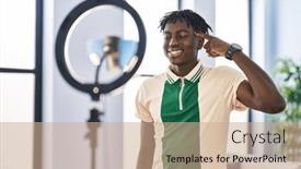  Presentation with african fabric - Presentation theme featuring african-man-with-dreadlocks-recording and a coral colored foreground