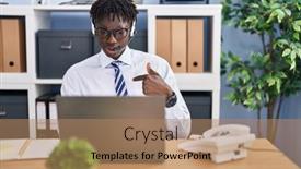  Presentation with call center - Slide deck with african-man-with-dreadlocks-wearing background and a coral colored foreground