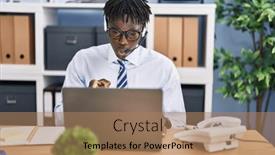  Presentation with call center - Presentation design featuring african-man-with-dreadlocks-wearing background and a coral colored foreground