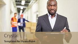  Presentation with shipping company - PPT theme having african-manager-with-checklist background and a coral colored foreground