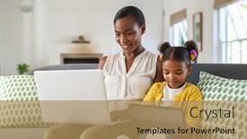  Presentation with working remotely - PPT layouts enhanced with african-mature-woman-working-remotely background and a coral colored foreground