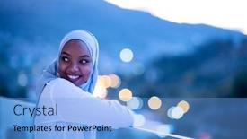  Presentation with night city - Beautiful PPT theme featuring african-modern-muslim-woman backdrop and a light blue colored foreground