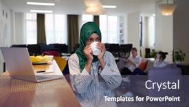  Presentation with green relaxation - Beautiful PPT layouts featuring african-muslim-business-woman-wearing backdrop and a ocean colored foreground