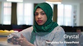  Presentation with green relaxation - Amazing slide set having african-muslim-business-woman-wearing backdrop and a ocean colored foreground