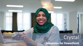  Presentation with woman muslim - Colorful PPT theme enhanced with african-muslim-business-woman-wearing backdrop and a seafoam green colored foreground