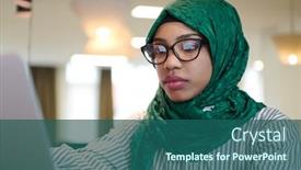  Presentation with green relaxation - Presentation design having african-muslim-business-woman-wearing background and a ocean colored foreground