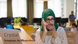  Presentation with green relaxation - Audience pleasing presentation theme consisting of african-muslim-business-woman-wearing backdrop and a coral colored foreground