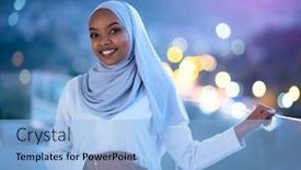  Presentation with speed camera in night - Beautiful PPT theme featuring african muslim woman in night at balcony smiling at camera with city bokeh lights in background backdrop and a light blue colored foreground