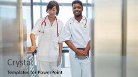  Presentation with elevator - Colorful presentation theme enhanced with african nurse and asian nurse together in the elevator backdrop and a light blue colored foreground