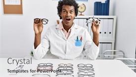 Presentation with optometry - PPT theme enhanced with african-optician-man-with-curly background and a light gray colored foreground