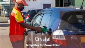  Presentation with petrol station - Audience pleasing presentation consisting of african-petrol-attendant backdrop and a tawny brown colored foreground