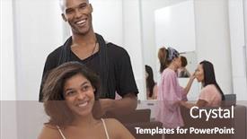 Presentation with standing sitting - Amazing PPT theme having african salon - young woman sitting on chair backdrop and a violet colored foreground