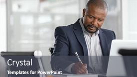  Presentation with entrepreneur - Presentation design consisting of african-serious-businessman-writing-notes background and a dark gray colored foreground