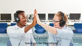  Presentation with language - Theme consisting of african-student-with-headphone background and a light blue colored foreground