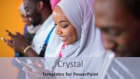  Presentation with students - Presentation theme featuring african students group using smart phones with plastic pink background background and a light blue colored foreground