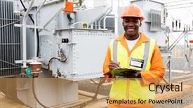  Presentation with power plant - Slide deck enhanced with african technical worker working background and a yellow colored foreground